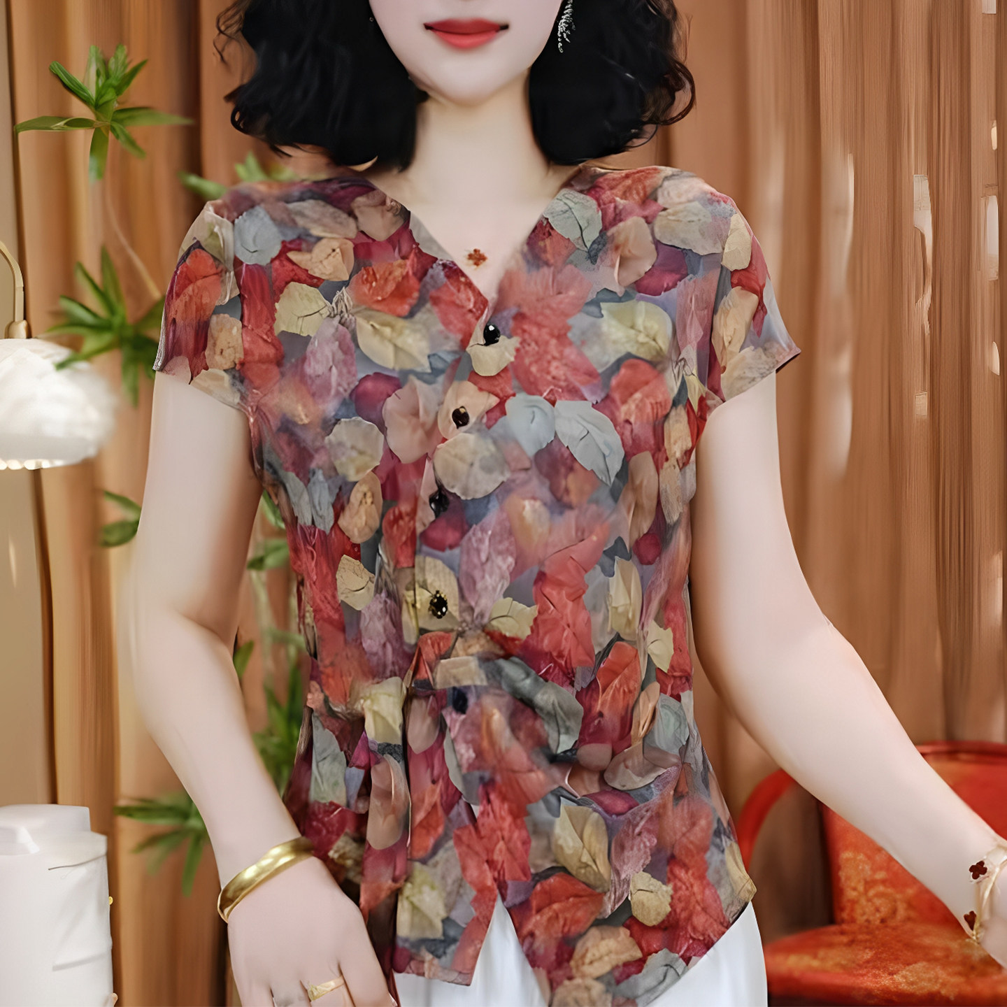 V领斜门襟系带树叶印花短袖小衫