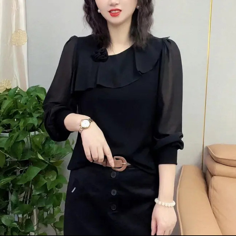 妈妈春季不规则领一朵花雪纺长袖打底衫中年女修身显瘦洋气女上衣