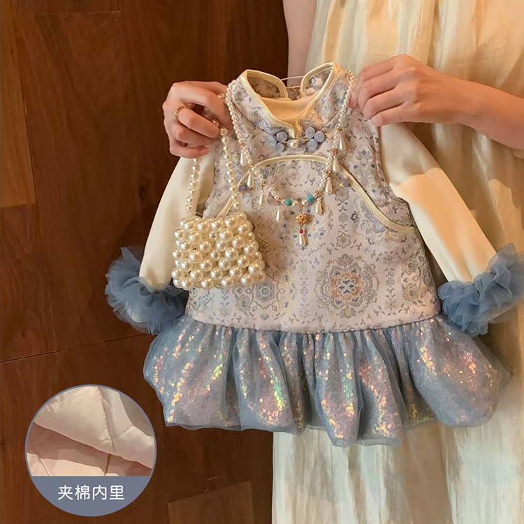 女童国风夹棉连衣裙洋气冬装周岁礼服2025新款小童女宝宝两件套潮