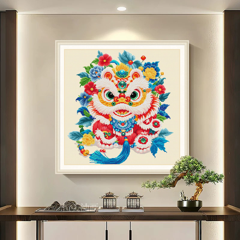 春天国风舞狮花卉十字绣套件手工刺绣自己绣客玄关挂画2025新款