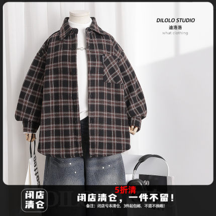 男童冬季加绒外套工装2024新款儿童格子衬衫一体绒秋冬加厚保暖潮
