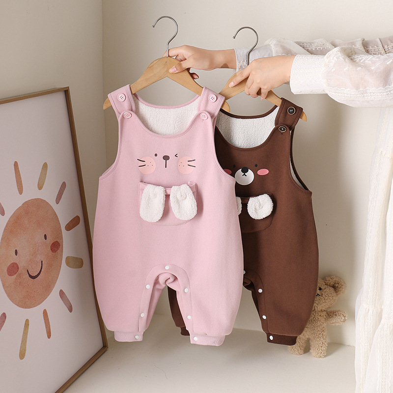 婴儿衣服深秋新款加绒加厚卡通可爱动物印花背带裤男女宝宝