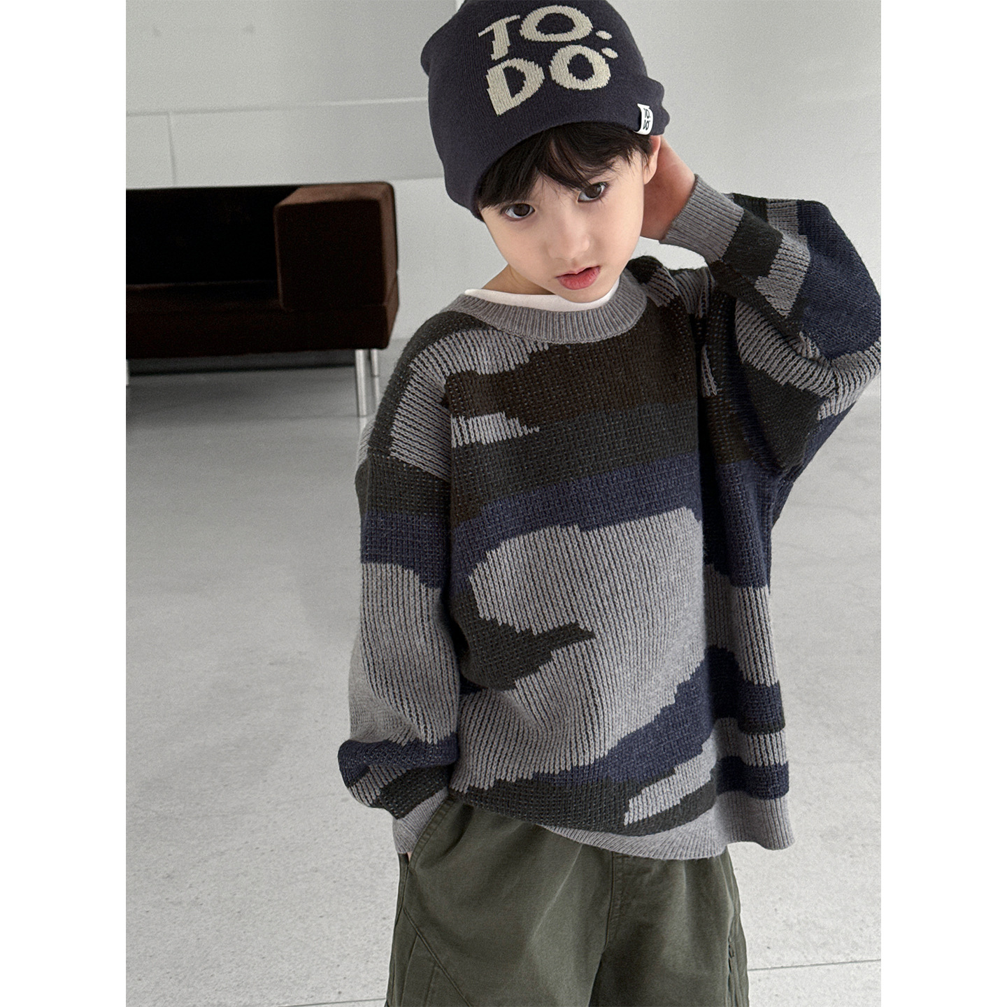 新款男童女童2025秋冬时尚撞色迷彩提花休闲宽松套头针织毛衣