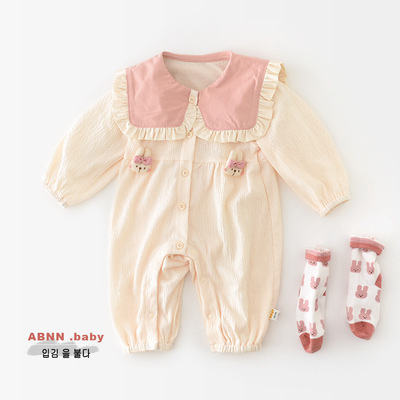 春秋外穿兔子公仔新生儿连身衣 女童婴幼童花边大翻领爬服51018
