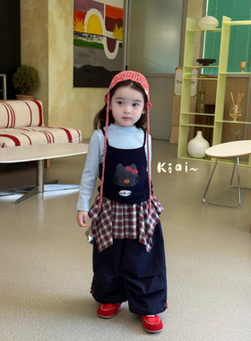 女童秋季套装2025新款小女孩叠穿猫咪吊带灰色打底衫宝宝独特裙裤