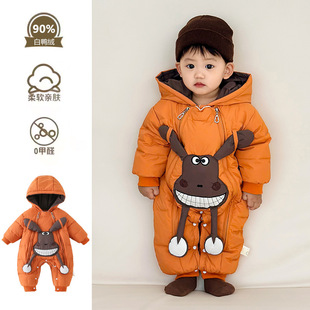 婴儿冬季羽绒服90白鸭绒哈衣新生儿冬装加绒加厚爬服男宝宝连体衣
