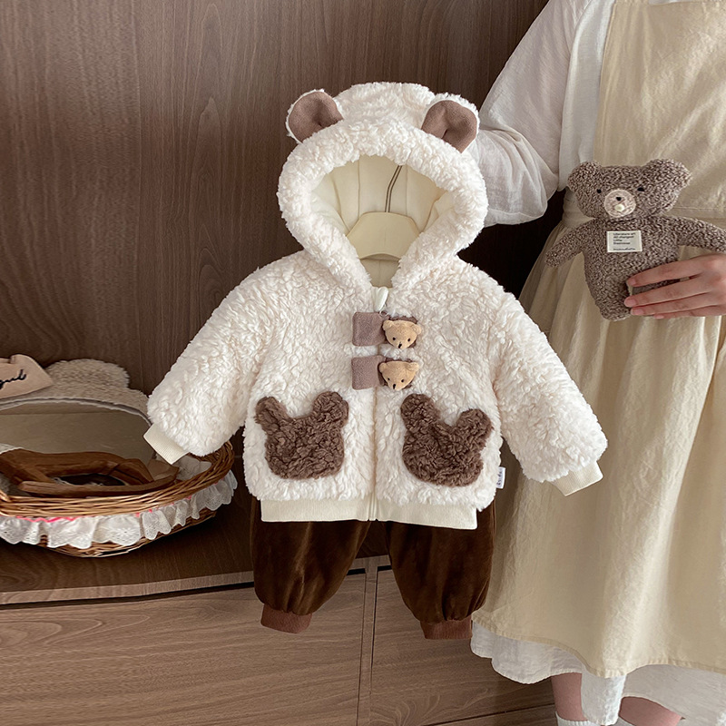 婴儿衣服冬装男女宝分体套装加绒加厚毛毛衣保暖外出防风外套