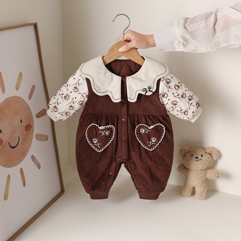 婴儿连体衣加绒深秋新款新生儿男女宝宝a类保暖田园印花休闲爬服