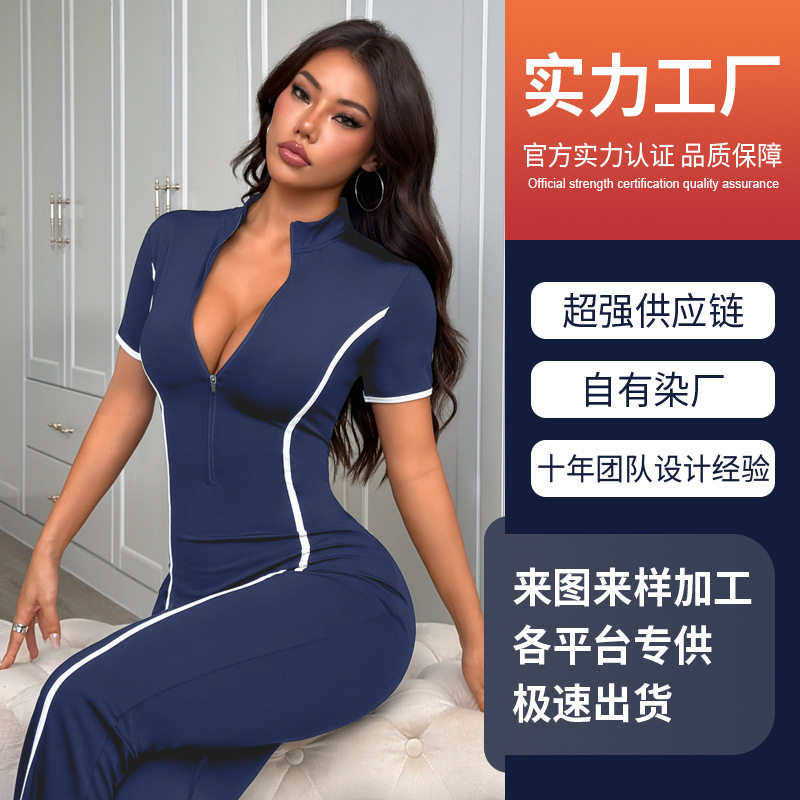 跨境欧美瑜伽服连体衣定制logo运动短袖蜜桃臀长裤一体紧身健身服