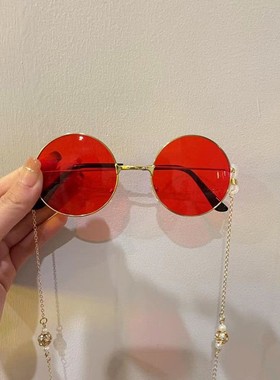 国潮风墨镜眼镜网红红色墨镜带链条太阳镜复古结婚接亲伴娘拍照