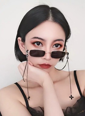 韩版复古方形黑色太阳镜挂链时尚墨镜女网红眼镜链条女太阳眼镜潮