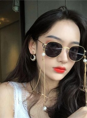 复古金边珍珠链条搭配气质女款偏光墨镜女潮街拍太阳眼镜ins