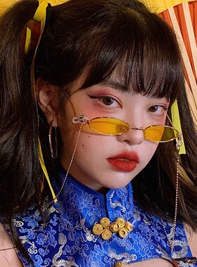 韩版ins超火蹦迪街拍太阳眼镜潮椭圆小框墨镜链条复古挂脖网红女