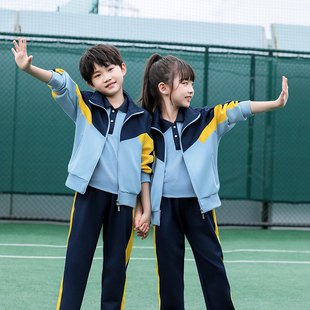 春秋季小学生蓝色校服套装运动会夏装短袖班服初高中生长袖三件套