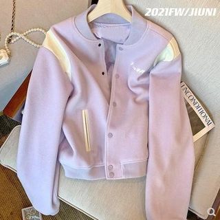 300斤大码紫色棒球服外套女2021冬新款宽松小众洋气加厚加绒夹克