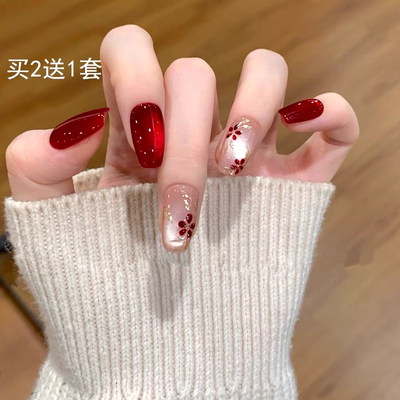 红色猫眼手工穿戴甲片