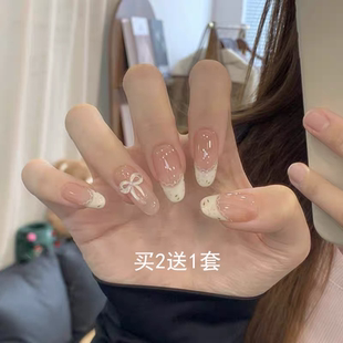 穿戴甲秋冬新款蝴蝶结假指甲贴片纯欲风美甲片成品中长款孕妇可用