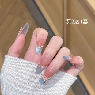 蓝色猫眼穿戴甲高级感轻奢美甲片成品显白纯欲风假指甲贴片中长款