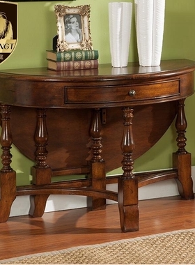 美式餐桌可折叠伸缩桌实木饭桌圆形小户型餐台半圆玄关桌子现货