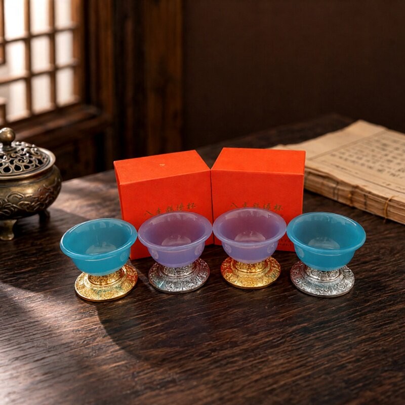 古法人工仿玉石供水碗合金八吉祥供水杯家用供奉摆件半透明圣水杯