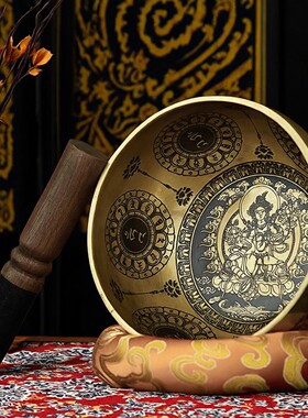 迷你雕花颂钵尼泊尔手工铜钵冥想静心音碗满雕吉祥图案颂钵磬摆件