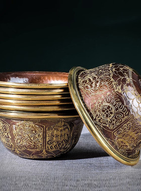 尼泊尔黄铜手工古色雕花供水杯