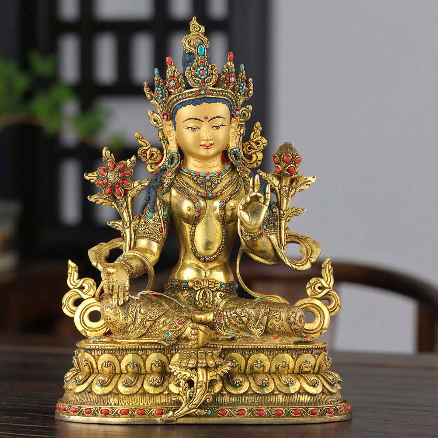 绿度母菩萨铜佛像尼泊尔手工塹刻居家供奉摆件铜鎏金造像31.8cm