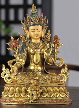 绿度母菩萨铜佛像尼泊尔手工塹刻居家供奉摆件铜鎏金造像31.8cm