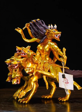 藏式尼泊尔工艺纯铜骑狼母佛像手工錾刻精品仿古鎏金铜像七寸摆件