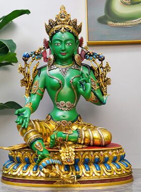 尼泊尔工艺彩绘热灼色绿度母菩萨佛像纯铜手工錾刻铜雕供奉摆件