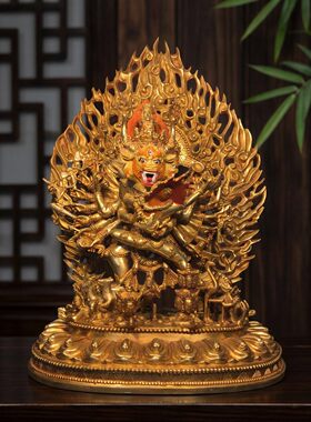 藏式精工黄铜鎏金双身大威德金刚佛像家居桌面牛头金刚装饰摆件