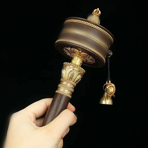 纯铜手摇转金轮莲师观音度母纪念款转金筒手持转轮古色红铜色摆件