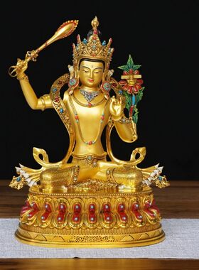 尼泊尔工艺文殊菩萨精工铜雕半彩绘鎏金文殊师利佛像纯铜手工錾刻
