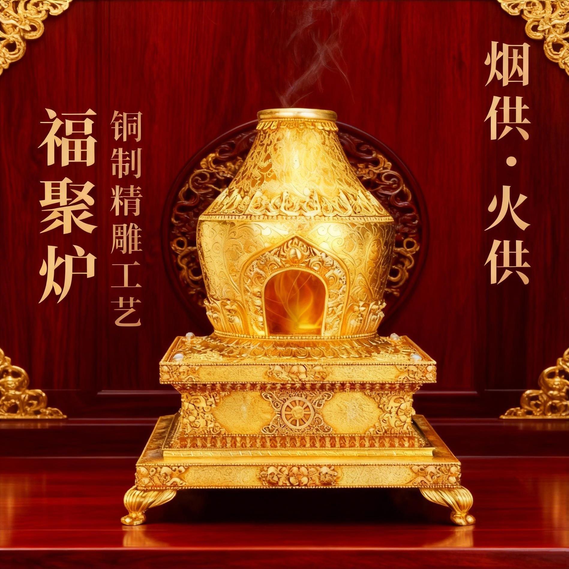 煨桑施食福聚炉烟供香炉烟供盘火供炉香具藏式黄铜香薰炉甘露勺