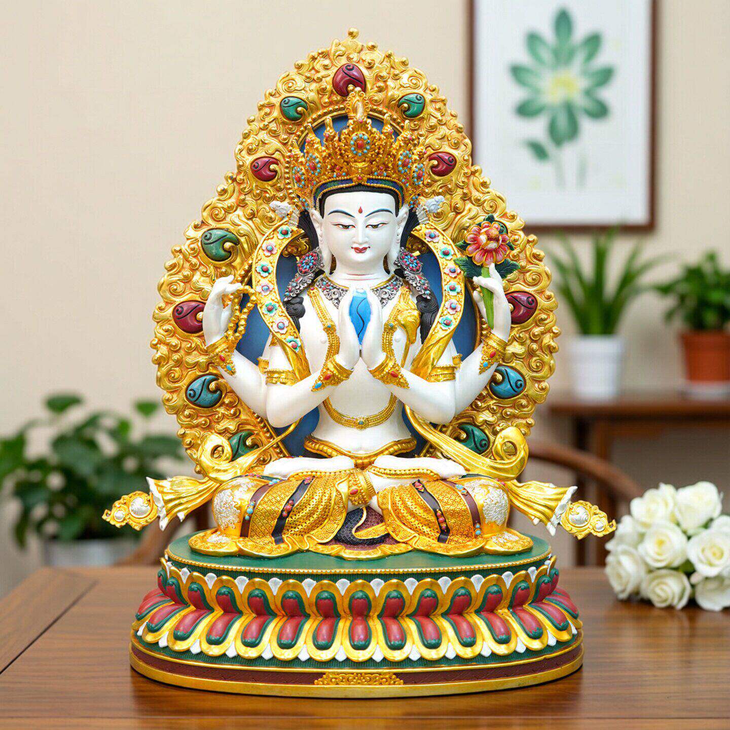尼泊尔工艺精品带背光彩绘四臂观音菩萨佛像纯铜手工錾刻装饰摆件