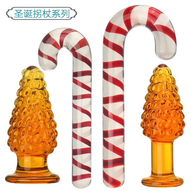 另类抚慰精美玩具茶色圣诞树拐杖造型透明玻璃按摩棒局部穴位奇形
