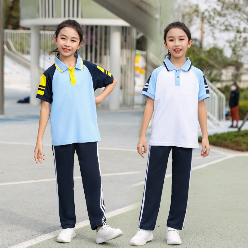 新品夏季白蓝色大码短袖校服套装学生初高中生班服中性休闲运动服