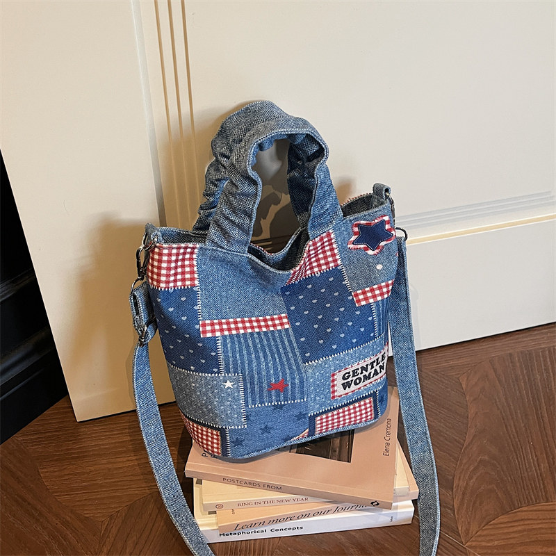 休闲复古GW字母印花手提包包女新款时尚牛仔帆布单肩包逛街手机包