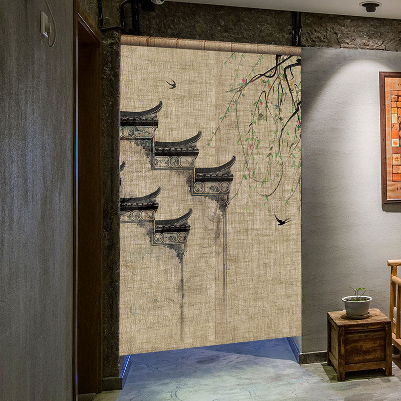 民宿微派建筑水墨布艺门帘中式古风挂帘布帘走廊通道免打孔隔断帘