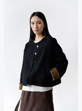 专柜新中式短款毛呢外套女黑色双面呢羊毛大衣复古盘扣LS53SY026