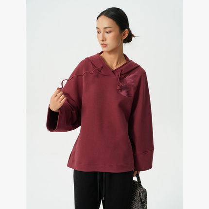 专柜轻熟简约风刺绣连帽卫衣女宽松长袖酒红色休闲上衣LS53SY016