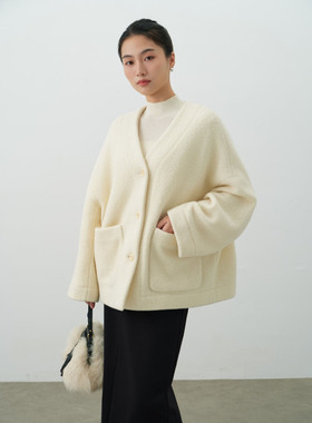 专柜极简风V领毛呢外套女短款慵懒百搭羊毛保暖开衫外套LS53SY094