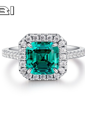 3克拉祖母绿切培育高碳钻戒s925纯银满钻镶嵌高级感彩宝戒指配饰