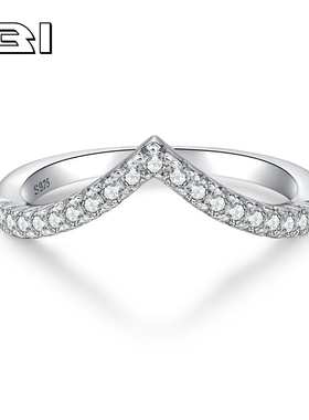 s925纯银百搭戒指V形叠戴指环细戒指镶嵌小清新线条指环搭配饰品