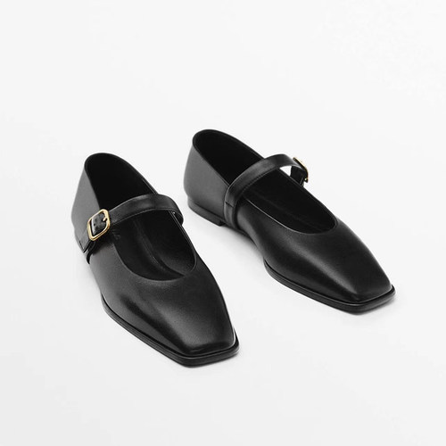 卡扣带饰真皮平底鞋芭蕾鞋开车鞋