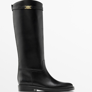 西班牙小众MD女鞋 2025秋冬真皮骑士风靴子复古搭扣设计长筒靴女