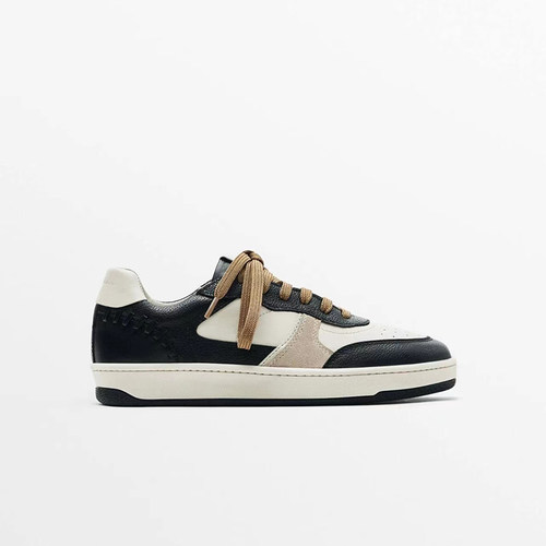 真皮运动鞋系带圆头含饰件休闲鞋