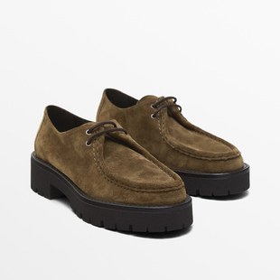 MD女鞋2024秋冬新款棕色复古绒面真皮系带单鞋厚底增高乐福鞋皮鞋