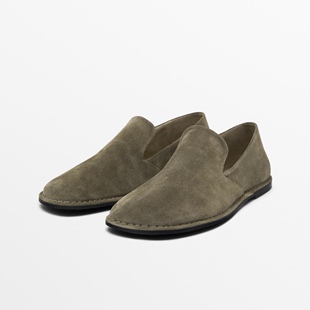 西班牙小众MD女鞋 2025春夏复古卡其绿真皮平底乐福鞋单鞋开车鞋