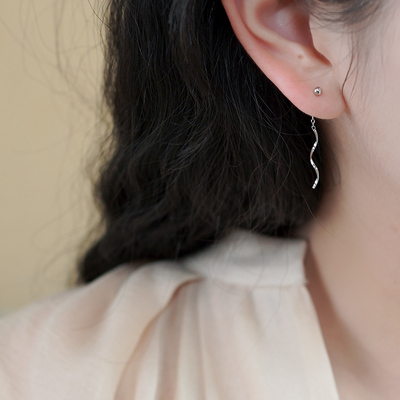 如帆925纯银波浪流苏豆豆耳线气质简约显脸瘦长耳环时尚百搭50512
